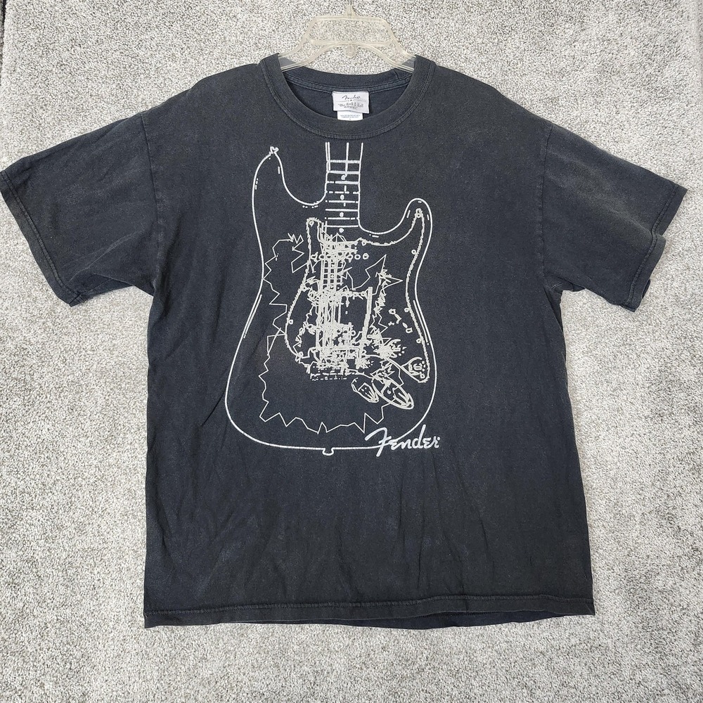 Fender Stratocaster Shirt Mens Large Black Graphic Tee Rock Music Guitar Logo